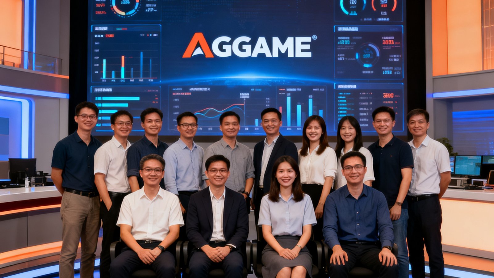 AGGAME深圳总部团队在演播厅内的合影，背景是巨大的LED屏幕显示着公司标志和实时数据仪表盘