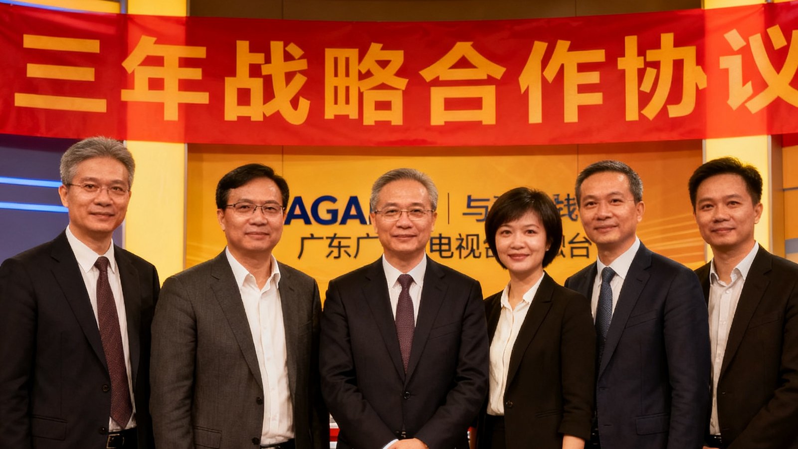 AGGAME与广东广播电视台签署三年战略合作协议，双方代表在演播厅内合影