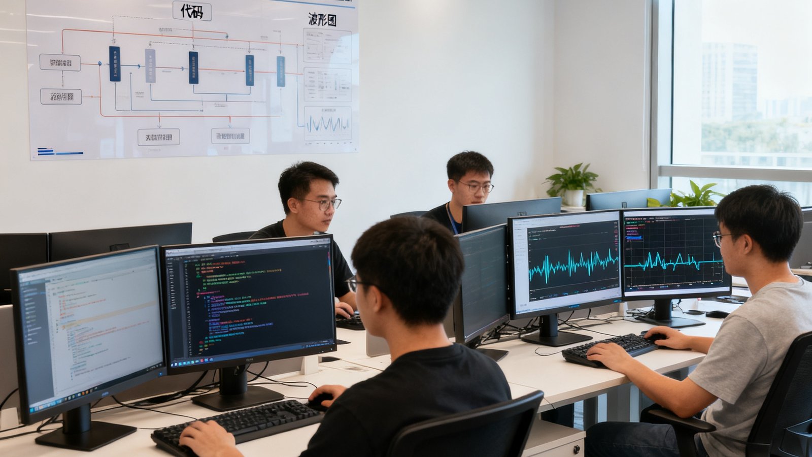 AGGAME研发团队在深圳总部开放式办公区的工作场景，墙壁上贴着算法架构图，多台显示器显示着代码和波形图